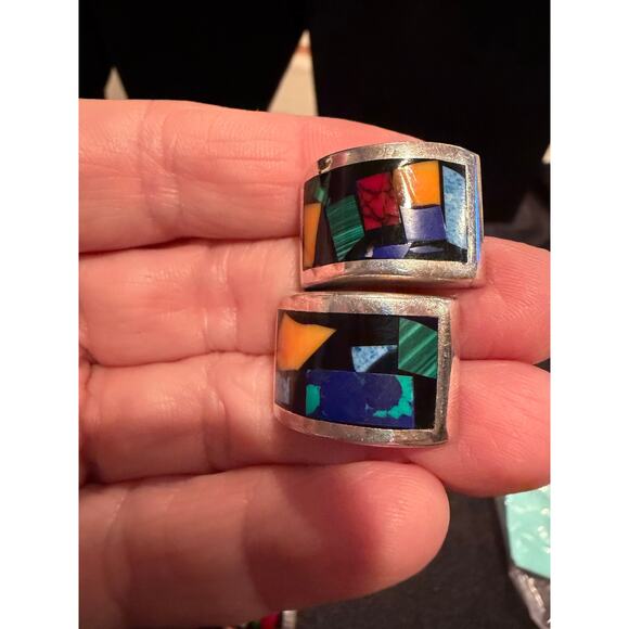 Mexican Sterling Silver 925 ATI Multi-Stone Inlay Mosaic Toggle Bracelet - Picture 3 of 15